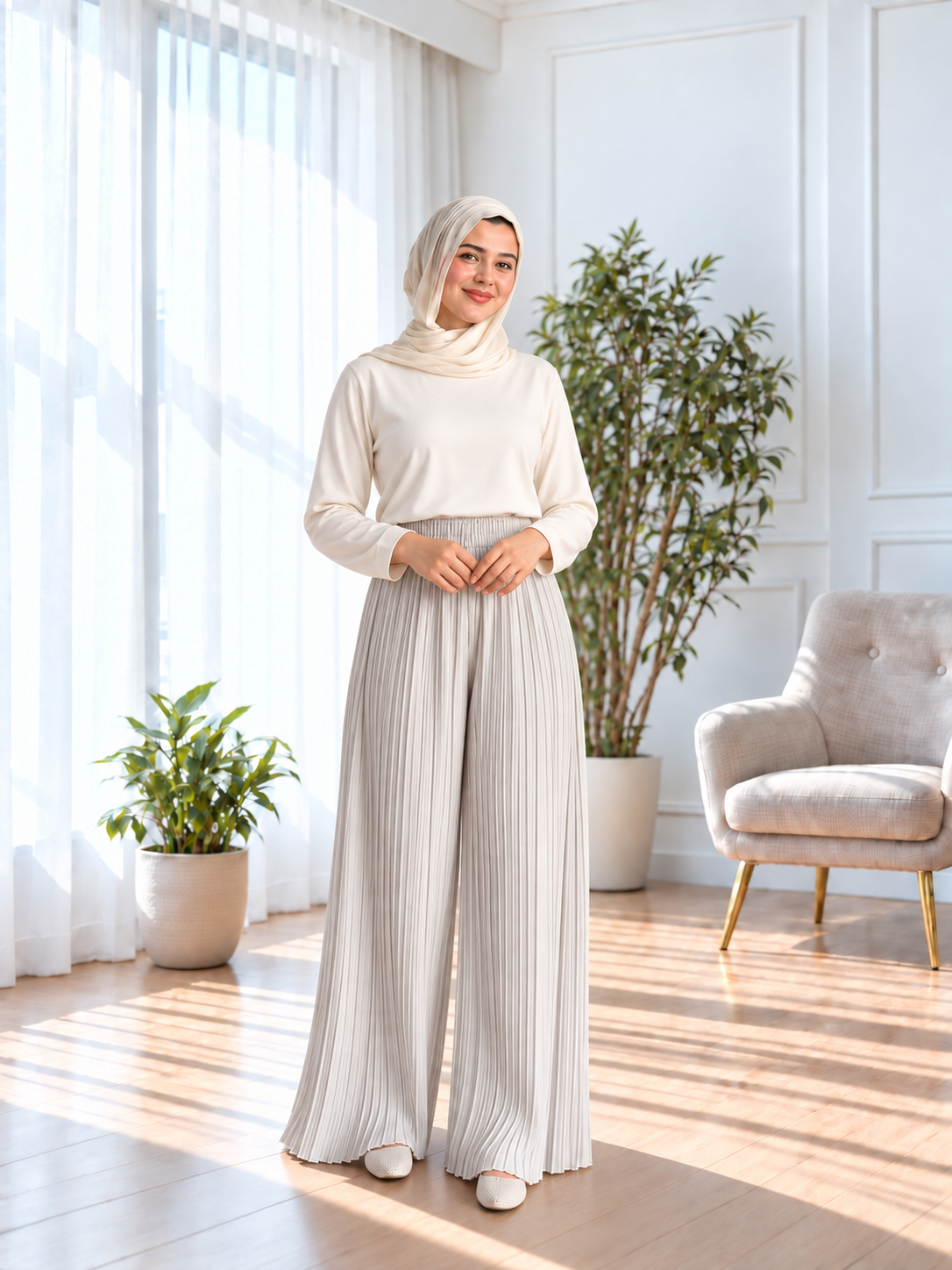 Plisse Pants - Light Grey