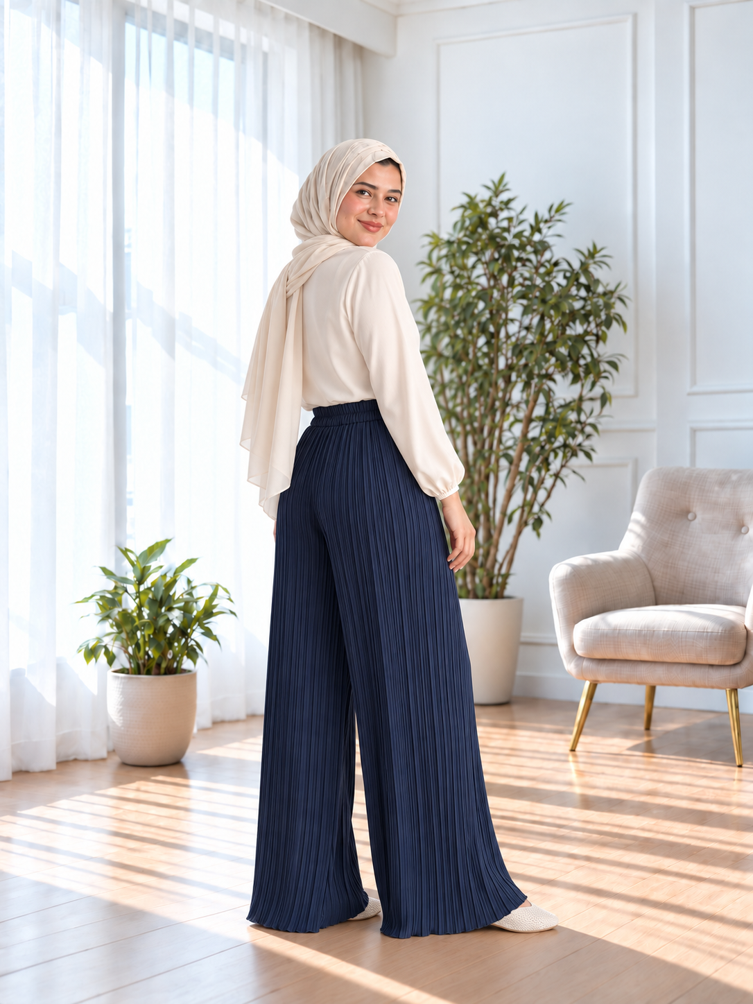 Plisse Pants - Navy